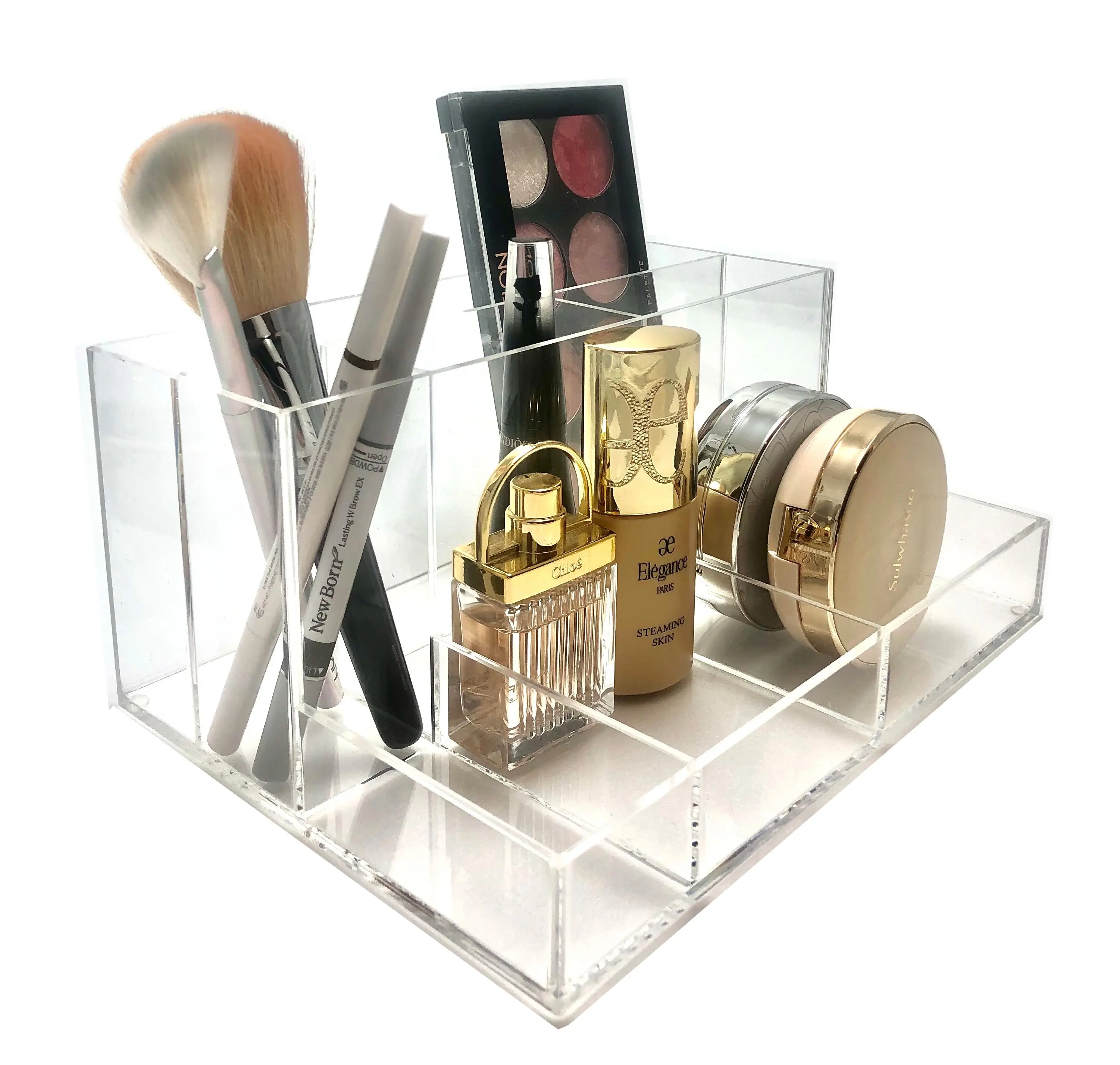 Soporte de acrílico para brochas de maquillaje, organizador de cepillos cosméticos, almacenamiento, 7 compartimentos