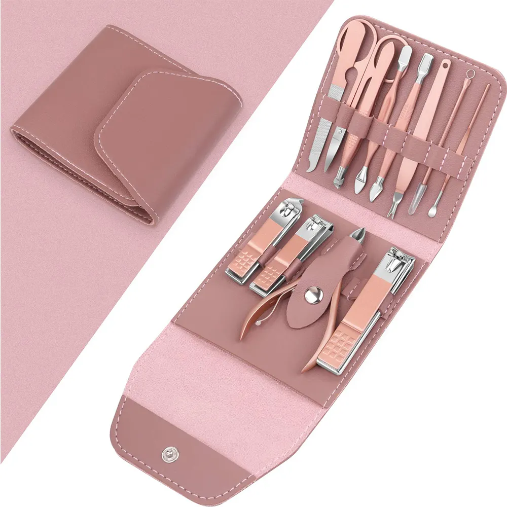 Маникюрный набор для женщин из нержавеющей стали розовый набор для ухода за ногтями Набор для ухода за ногтями с кожаным футляром для хранения