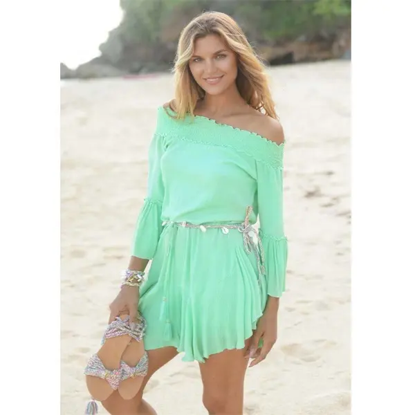Túnica hawaiana verde esmeralda para mujer, Vestido corto bohemio Chic con hombros descubiertos para playa, novedad de verano 2022