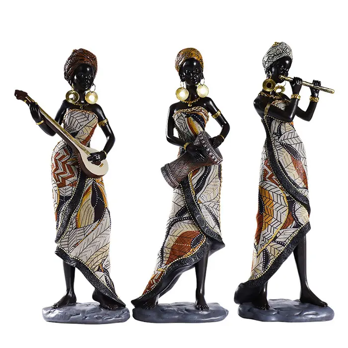Afrikaanse Rode Lip Vrouw Spelen Instrument Sculptuur Meisje Polyresin Exotische Tribal Dame Beeldje Art Craft Voor Wijn Kast