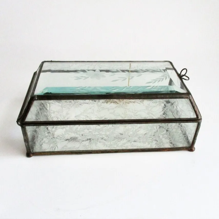 Caixa de vidro chanfrado para joias, barato preço embalagem de vidro vintage, espelhado, cobertura de joias, floral