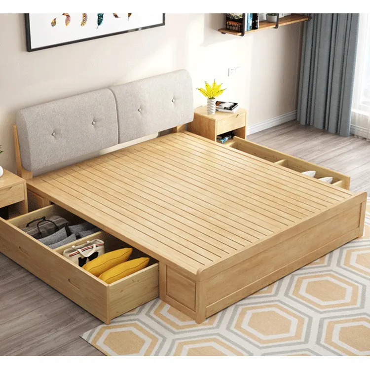 De madera maciza de estilo nórdico tamaño conjuntos de dormitorio de cama de madera de almacenamiento de caja de cama con mesa de noche muebles de dormitorio para Hotel