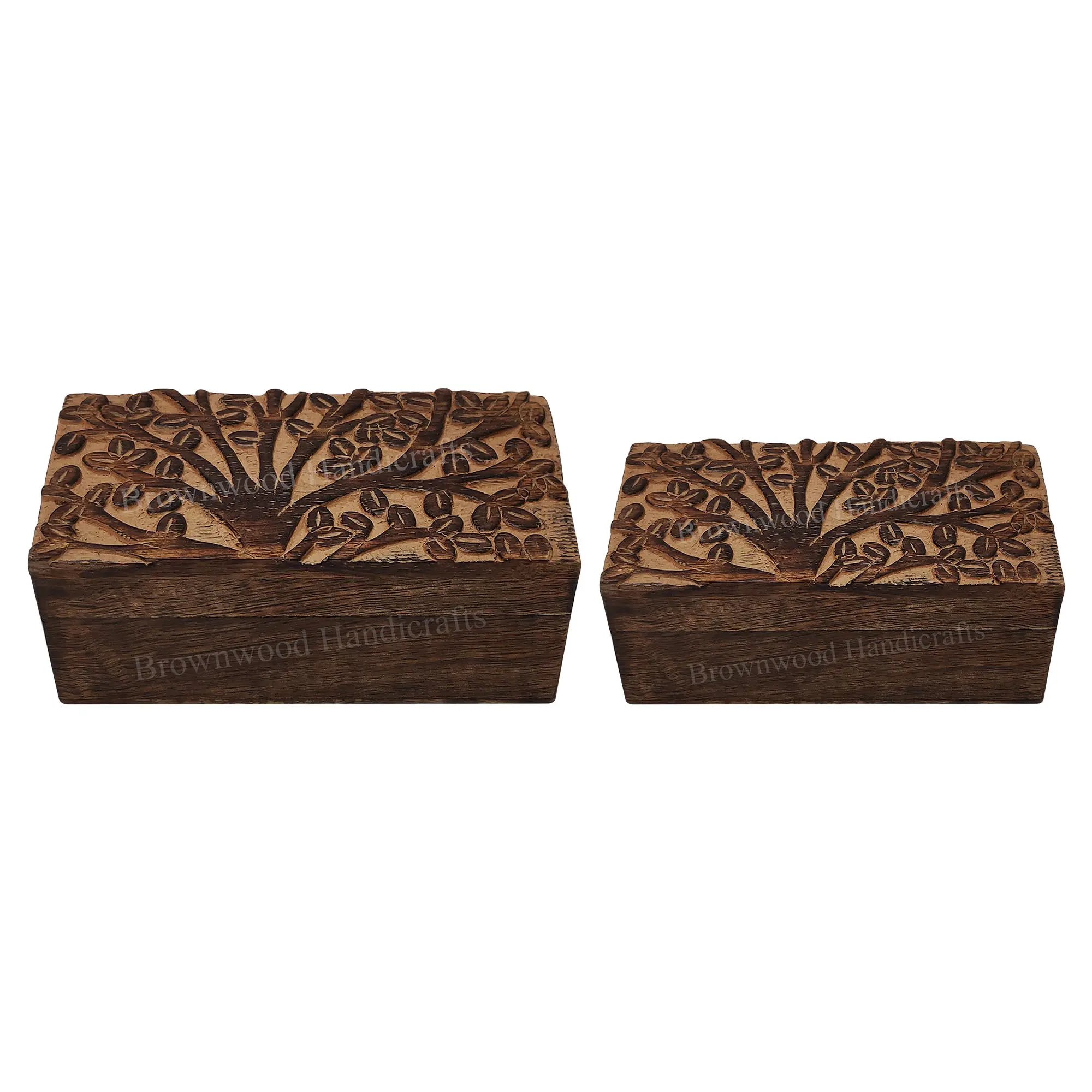 Boîte en bois sculptée à la main antique brûlée Boîte en bois de manguier massif Lot de 2 pour décoration de table et boîte à bijoux à bas prix