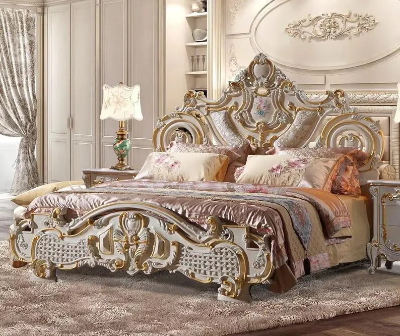 Avrupa tarzı katı ahşap oyma klasik yatak odası mobilya Set