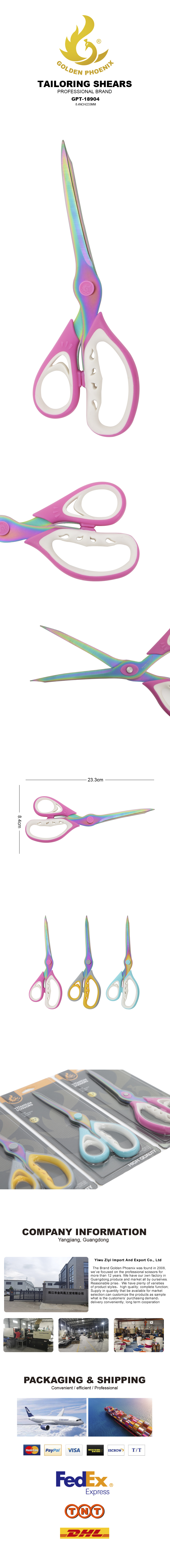 9.5 inch Special office scissors stainless steel scissors Tijeras de sastre beautiful card packing light and safe