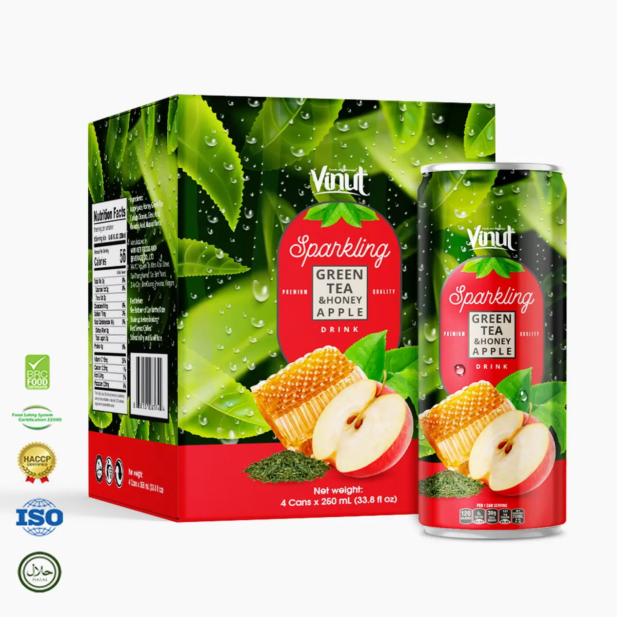 Floz-VINUT de agua brillante tónico, té verde en lata y miel, fabricante de manzana, fruta Real, jugo, servicio de etiqueta privada, 8,5