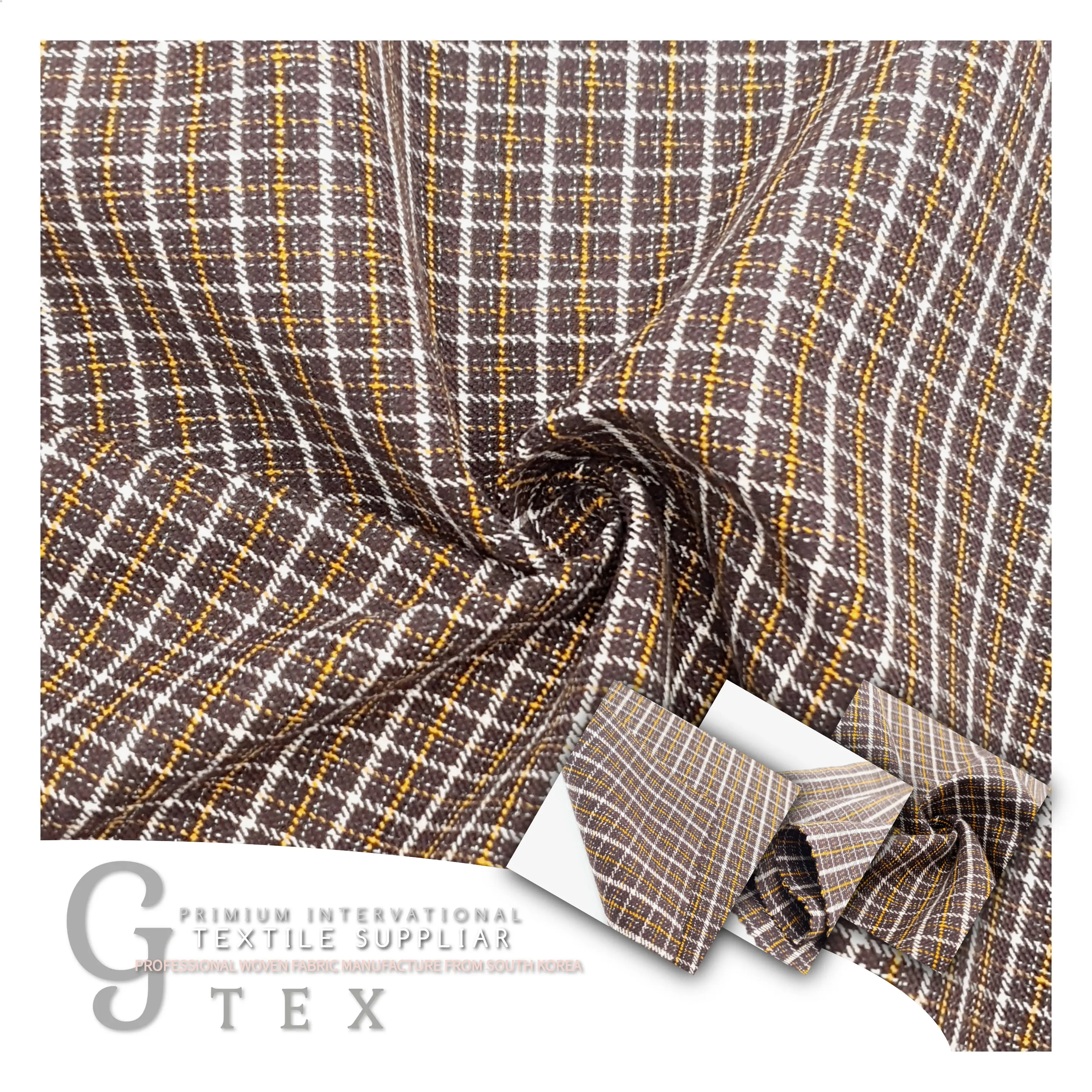 G TEX Made In Korea Woven YARN DYED Fabric POLY 37% COMA 28% ACRY 24% RAYON 9% PU 2% For Women Dress, Skirt, Shirt, etc