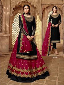 Ağır saten Georgette nakış çalışması ve taş işi Net <span class=keywords><strong>Lehena</strong></span> fantezi Salwar Kameez takım elbise hint pakistanlı kadınlar
