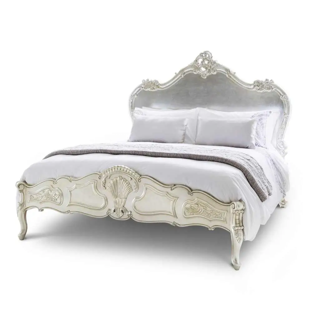Cadre de lit de Style français couleur argent finition feuille meubles de chambre en bois massif magnifiquement sculpté