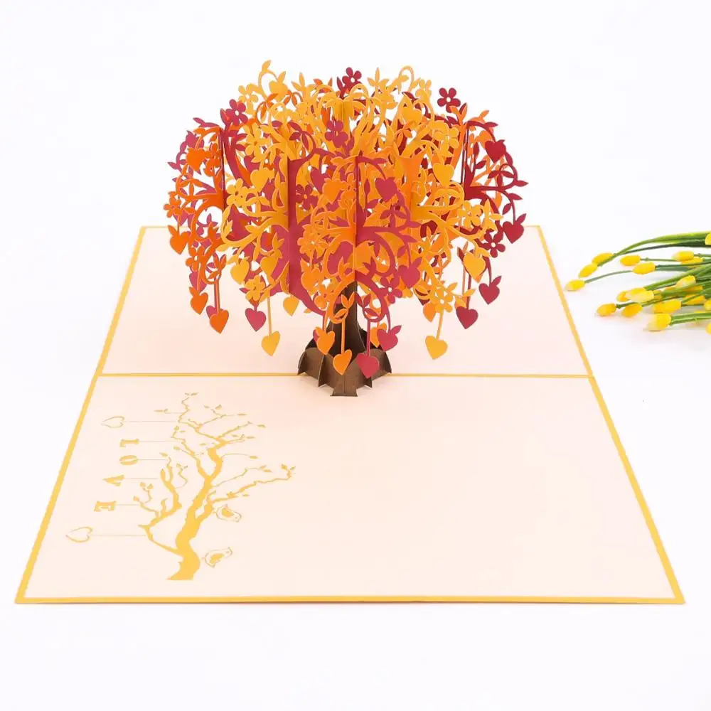 Cuore di albero di arancio 3D fatto a mano taglio Laser biglietti di auguri Vietnamse Kirigami Pop Up carta di artigianato prezzo all'ingrosso