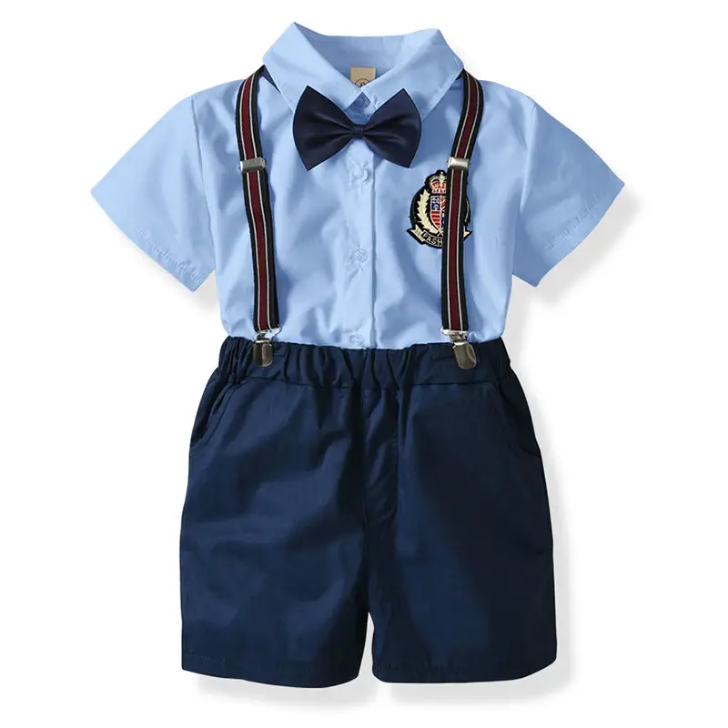 Personalizado Atacado Crianças Conjuntos de Roupas Meninos Crianças Shirt + Shorts + Cinta + Arco Para 4pcs meninos conjunto de roupas