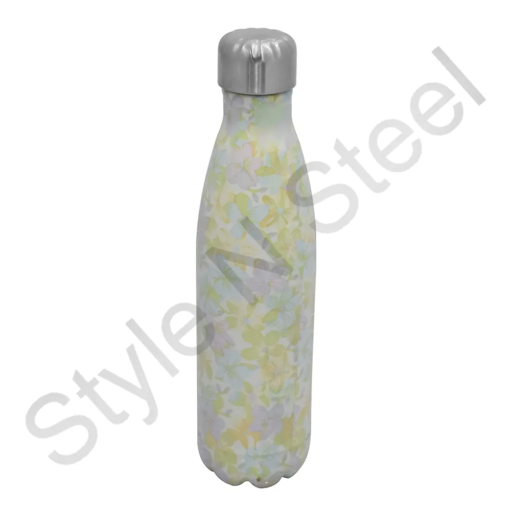 Bouteille de conception de fleur d'impression de couleur argentée corps lourd bouteille d'eau portative écologique bouteille électro imprimée en acier inoxydable