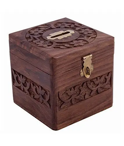 Wooden Coins Storage Box, Money Bank with Carving Work and Lock