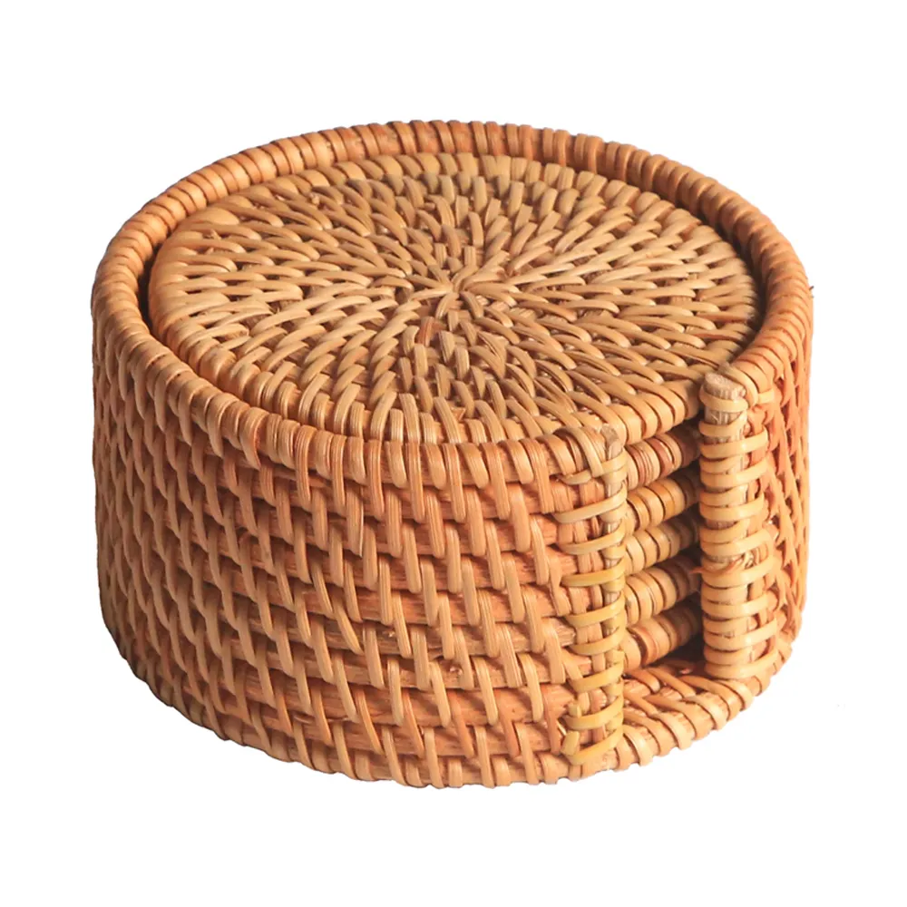 Set of 6 natural rattan coasters with case handmade in Vietnam