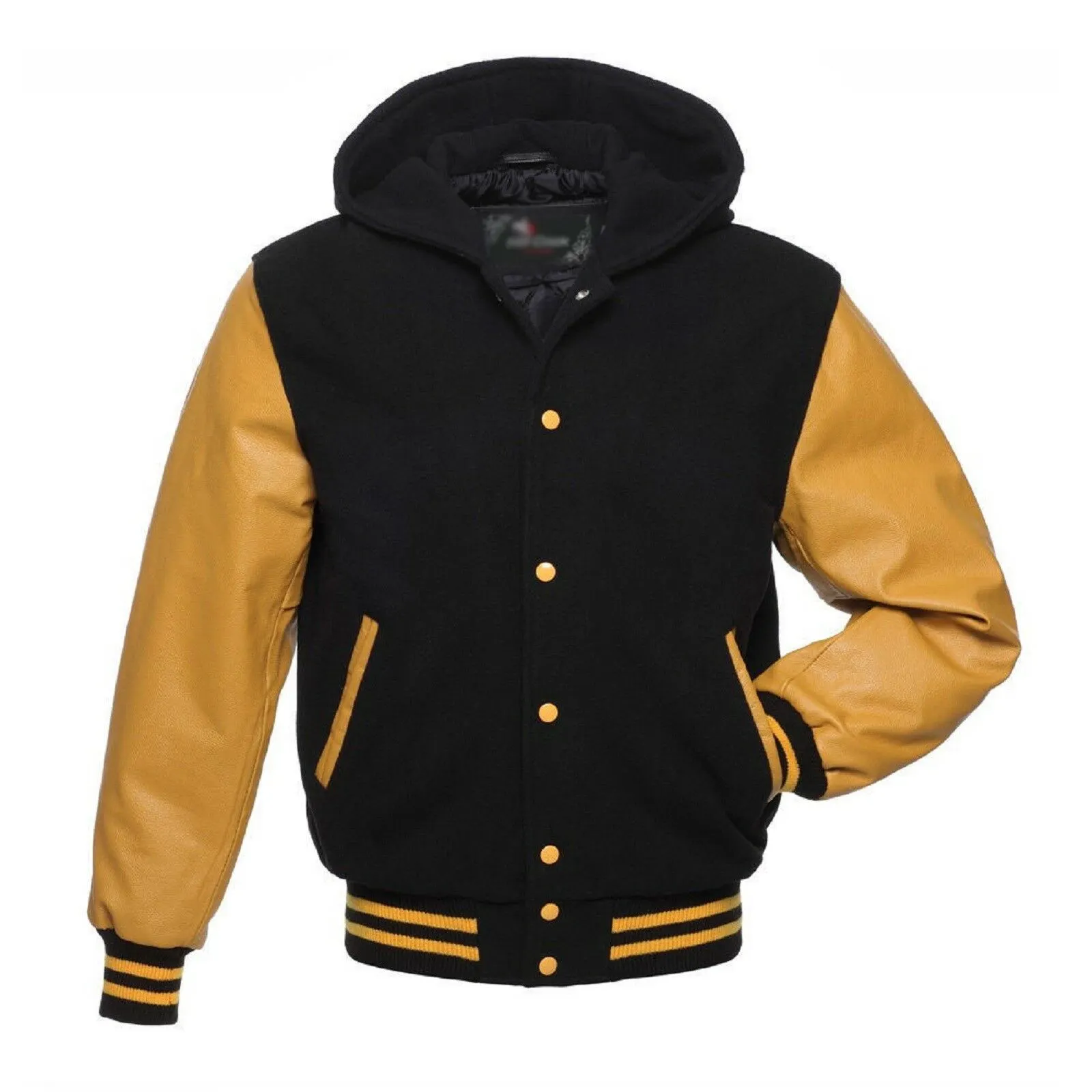 Negro Amarillo Béisbol Letterman College Chaqueta con capucha Lana Transpirable Hecho a medida Precio barato Letterman Chaquetas