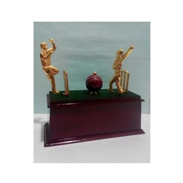Piala olahraga kualitas tinggi Aluminium warna emas dan Piala kriket kayu piala kustom untuk ruang keluarga kantor