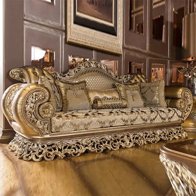 Ev salon büyük yüksek kaliteli kraliyet katı ahşap kadife 3 kişilik İtalyan tarzı barok altın lüks oturma odası koltuk takımı
