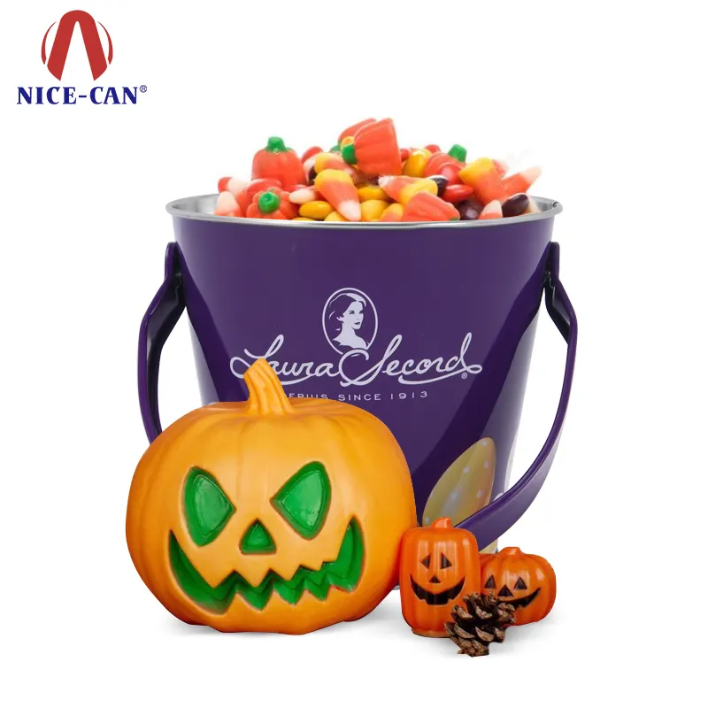 Guangdong propria fabbrica di promozione festiva personalizzata scatola di latta di imballaggio forniture di Halloween piccolo secchio di zucca per caramelle al cioccolato