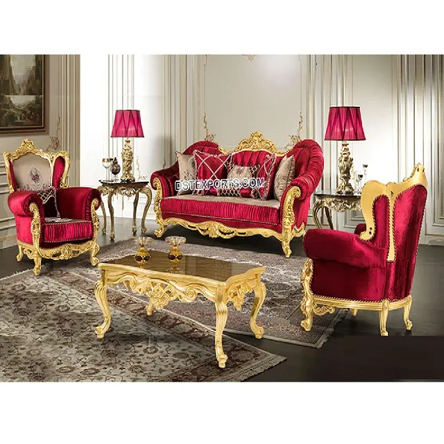 Королевский комплект диванов вишневого красного цвета для гостиной в викторианском стиле, роскошный комплект диванов с рубиновым красным покрытием для влюбленных, купить Роскошный Королевский комплект диванов с золотой отделкой