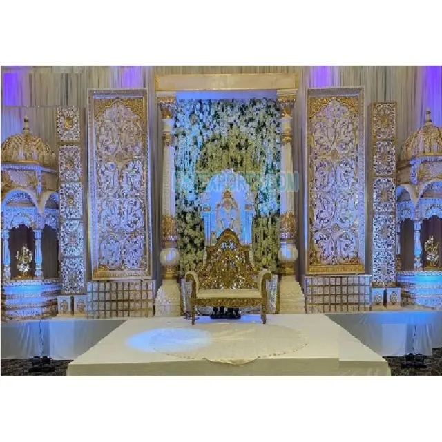 South Indian Wedding Concept Grand Stage Decor Ganesha Theme Wedding Stage setup In USA Traditional Wedding White Finish Stage
