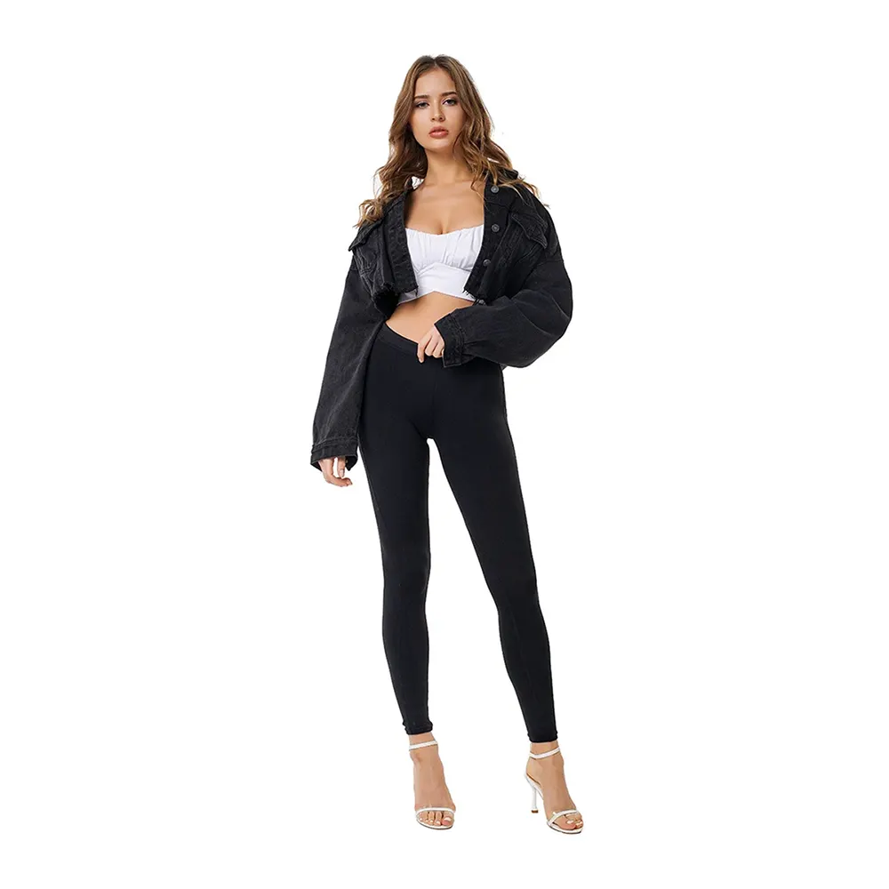 Jaqueta jeans feminina manga longa, casaco curto vintage casual solto cor preta