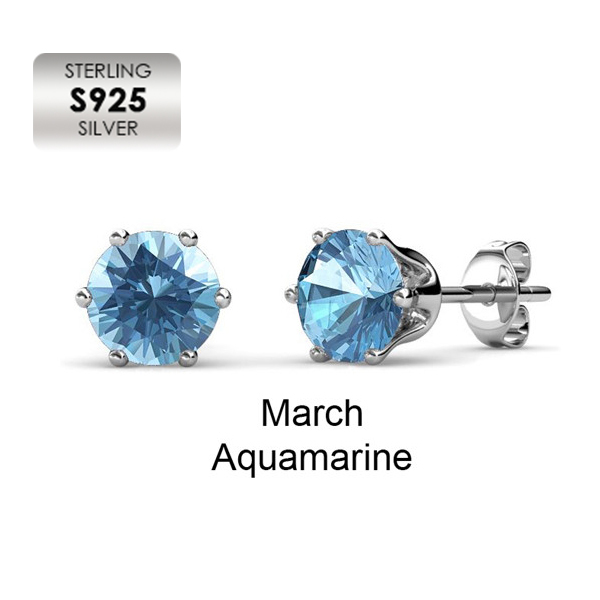 Boucles d'oreilles à tige en argent S925 avec pierre d'anniversaire aigue-marine - Mars