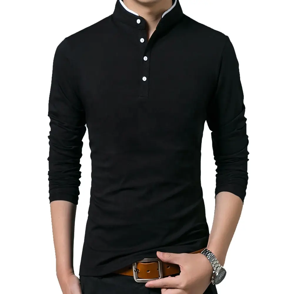 Camiseta de algodón para hombre, camisa de manga larga de Color sólido, con cuello mandarín, venta al por mayor