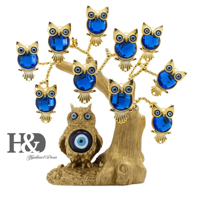 H&D Turkish Blue Evil Eye Owl Figurines Gold Lucky Tree of Life Statue Home Decor Ornaments