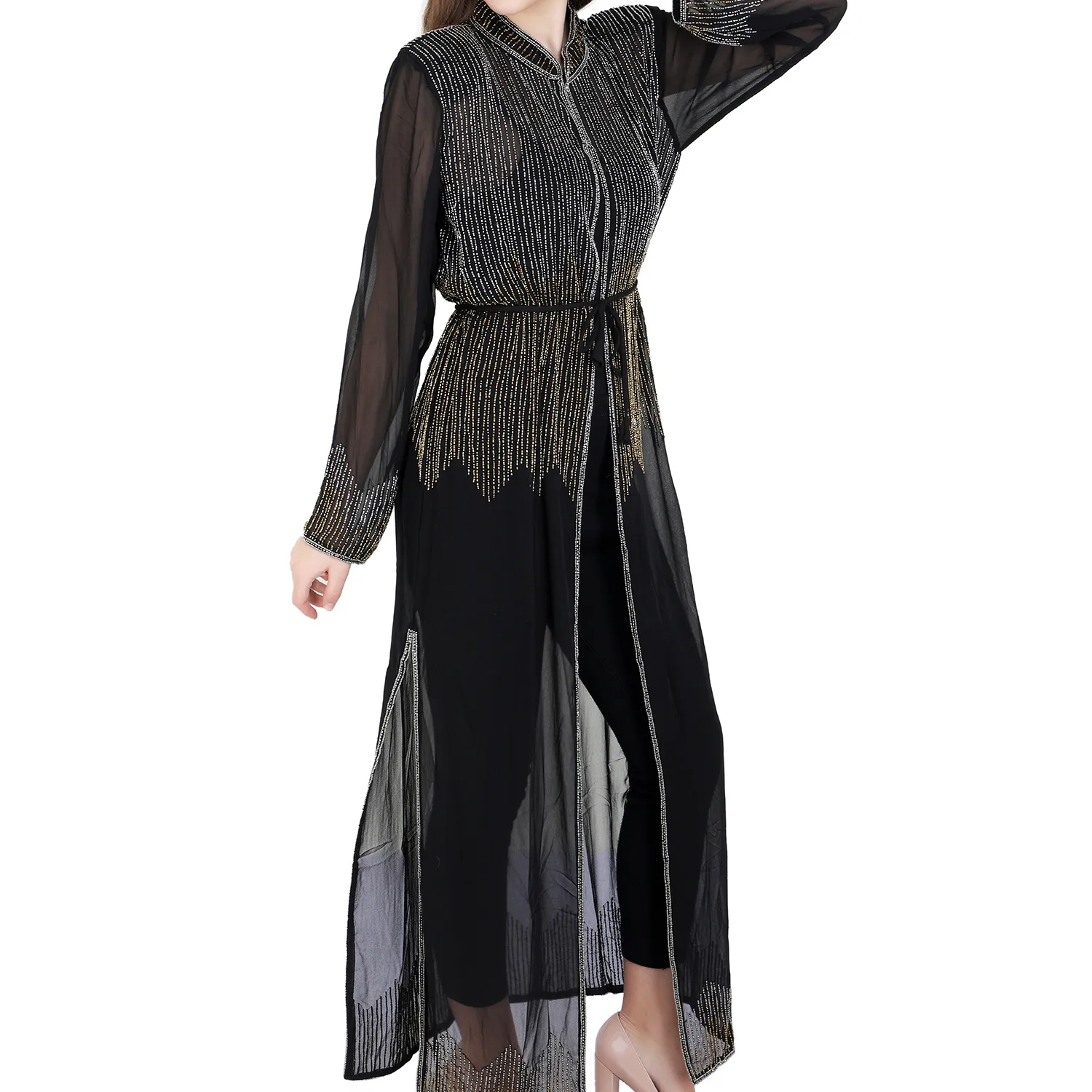 Vestido abaya musculoso feminino, roupa islâmica dubai abaya cardigan bordado à mão