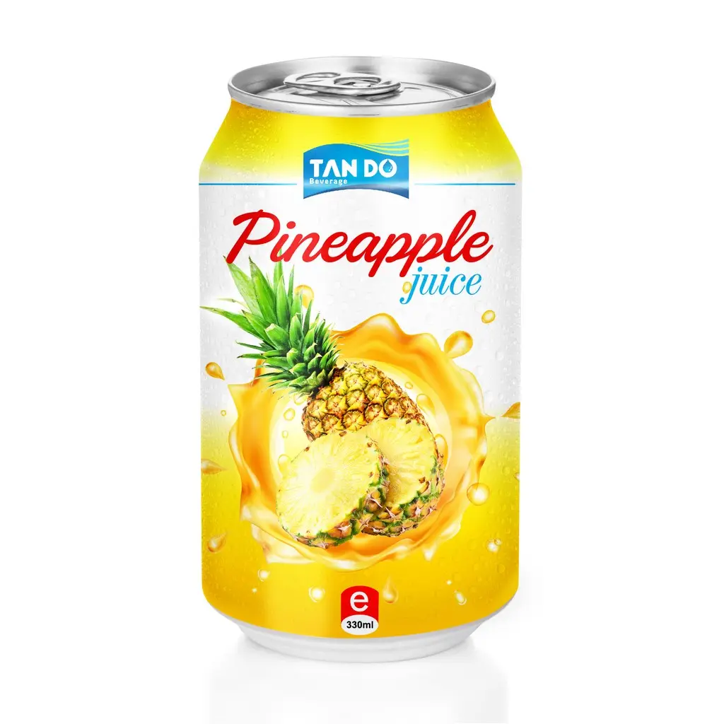 Bebida suave halal hecha en Vietnam, oem, 330ml, lata de aluminio, zumo de fruta de exportación de piña