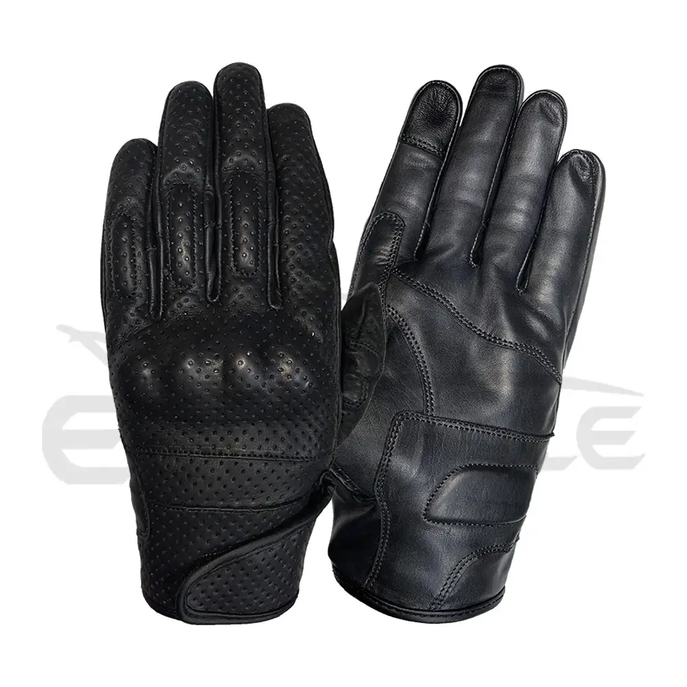 Los mejores guantes de motocicleta de cuero de vaca perforado acolchado de goma dedos GUANTES DE Moto OEM guantes de moto negros Blindados de alta calidad