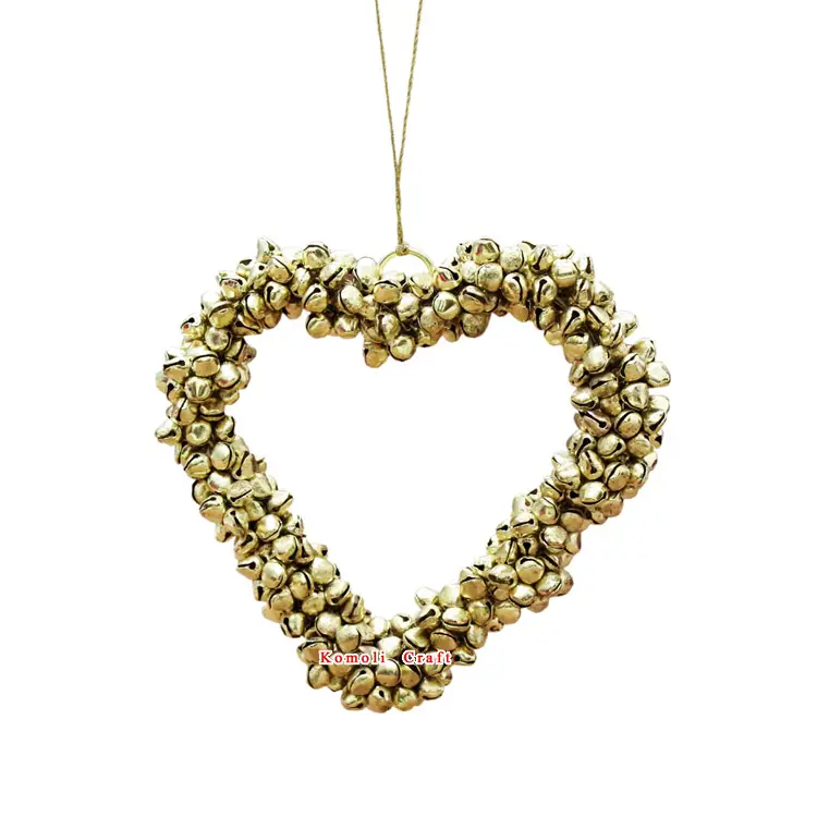 Cascabeles dorados en forma de corazón, adornos de Navidad, artículos de decoración, metal, venta al por mayor