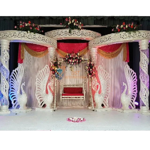 Escenario abierto de estilo indio para bodas, escenario abierto blanco y moderno, decoración de escenario única para bodas Tamil, Fiyi