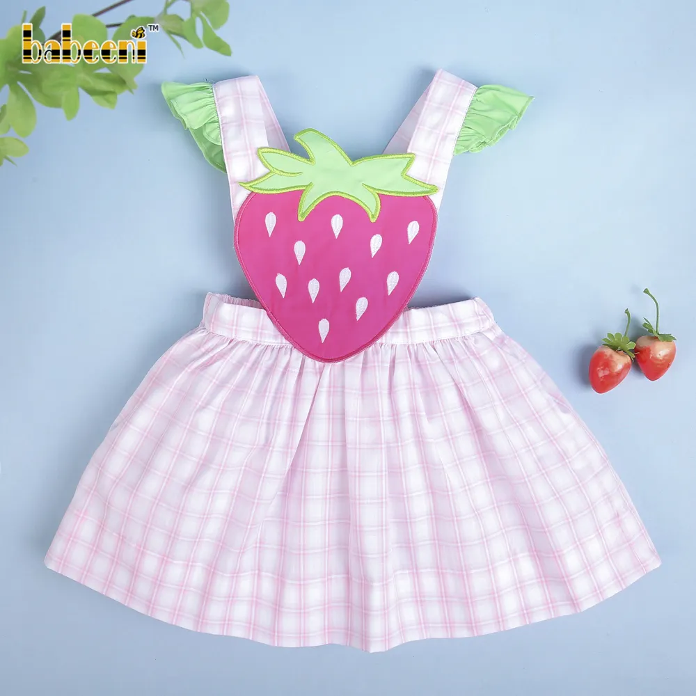 Vestido de bebé con apliques de fresa, OEM ODM personalizado, bordado hecho a mano, venta al por mayor, BB2851