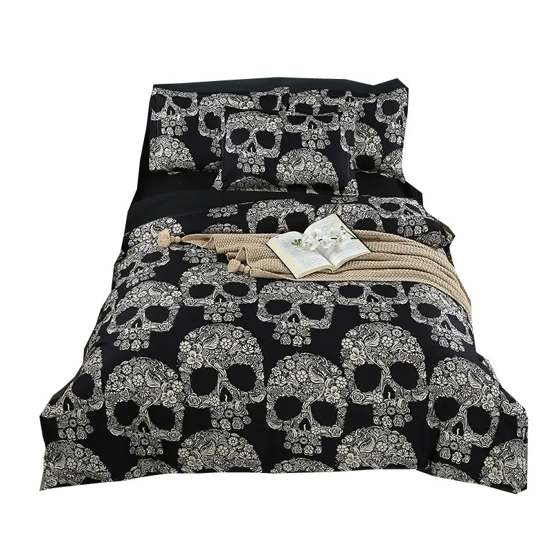 IDOTEX ผ้าปูที่นอนลายหัวกะโหลกขนาดควีนไซส์,ผ้าปูที่นอนผ้าโพลีเอสเตอร์สีดำพิมพ์ลายแบบกำหนดเองใหม่ปี3D