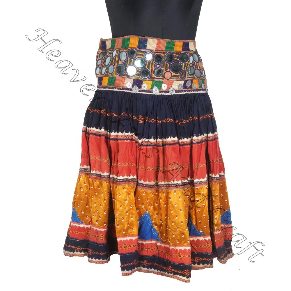 Indian Gujarati Real Kutchi Skirt Multi Embroidered Mirror Work Boho Gypsy Tribal Belly Dance Banjara Indian Vintage Skirt