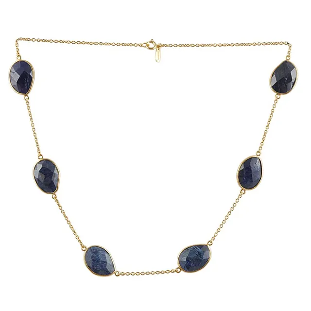 Klasik grosir perhiasan batu permata korundum biru 18K berlapis emas 925 perak murni rantai kalung flash