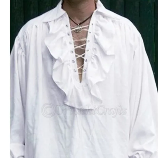 Mens Renaissance Plain Ruffles Detail Lace Up Front Bell Long Sleeve Loose Medieval Shirt men clothing
