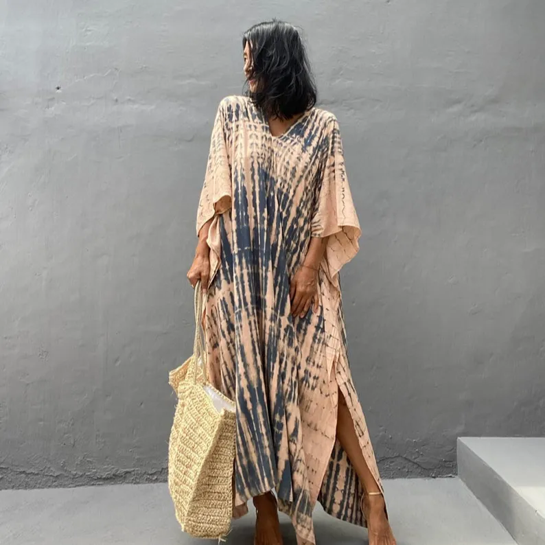 Boho Gaun Pesta Panjang Wanita, Pakaian Kaftan Leher V Lengan Panjang, Sederhana Ikat Tangan Pewarna Kaftan Panjang Musim Panas