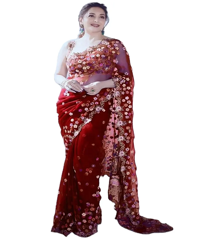 Saree estampado e bordado de seda, violeta de festa de casamento, apliques, saree