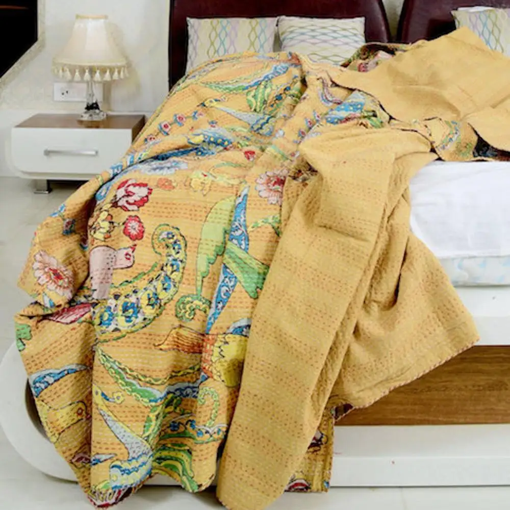 Vintage hecho a mano indio Kantha cama manta colcha rey tamaño casa DecorBedroom Boho