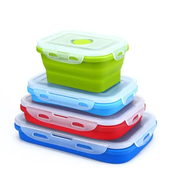 Set di 4 pezzi rettangolare pieghevole per cibo e contenitore per uso alimentare portatile in Silicone per microonde Bento Lunch box per bambini