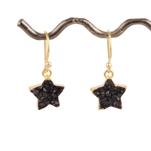 Shimmering natural black sugar agate druzy hook earring star shape druzy drops brass gold electroplated edged for women dangler