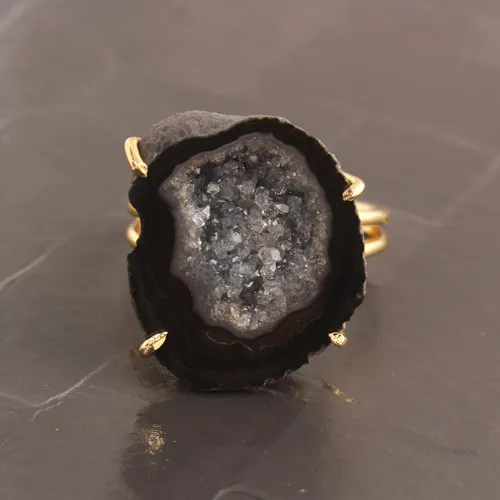 Más exótica colección negro natural geode druzy chapados en oro latón Ajuste del diente anillo ajustable, hecho a mano de la Declaración anillo