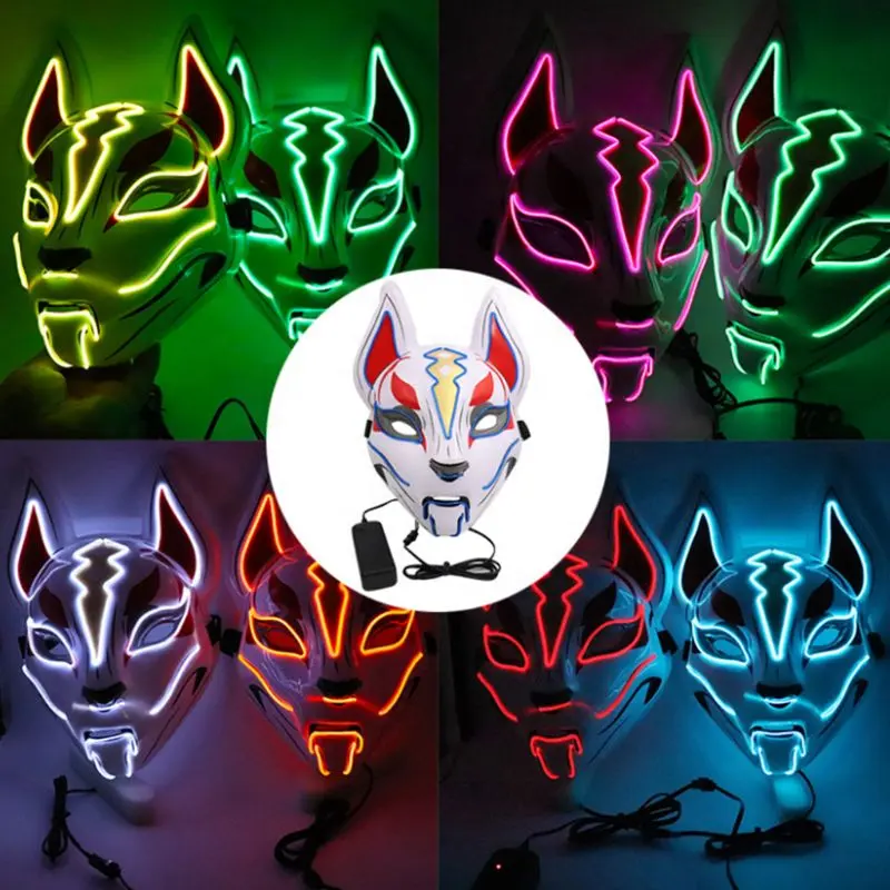 Anime Expro decoración zorro japonés máscara de neón Led luz máscara Cosplay fiesta de Halloween fiesta máscara Led danza DJ de traje accesorios