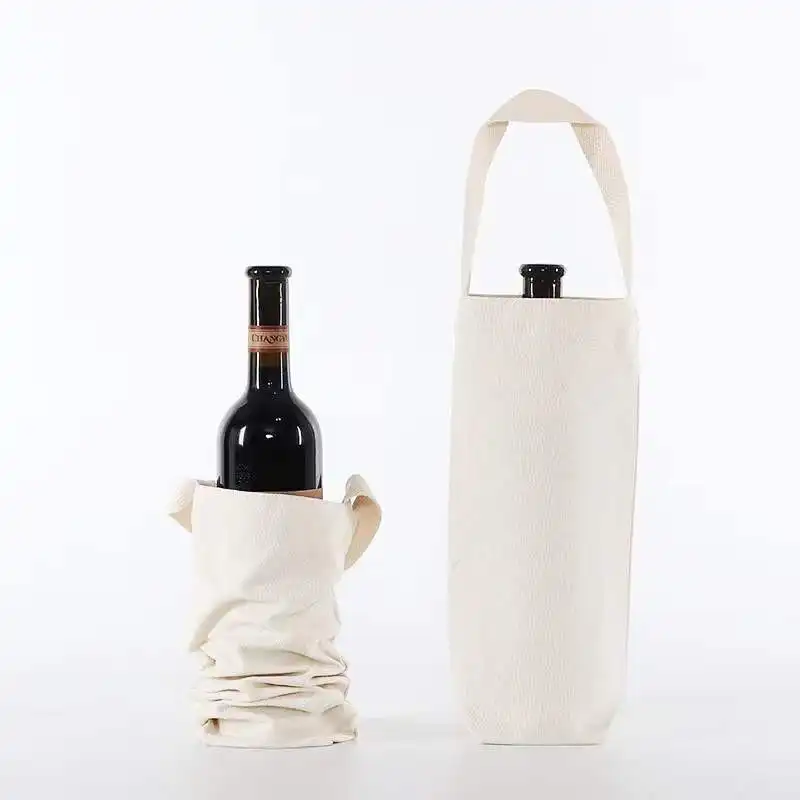 Özel boş düz kaliteli ağır pamuk kanvas şarap çantası tek şişe bez şarap çantası