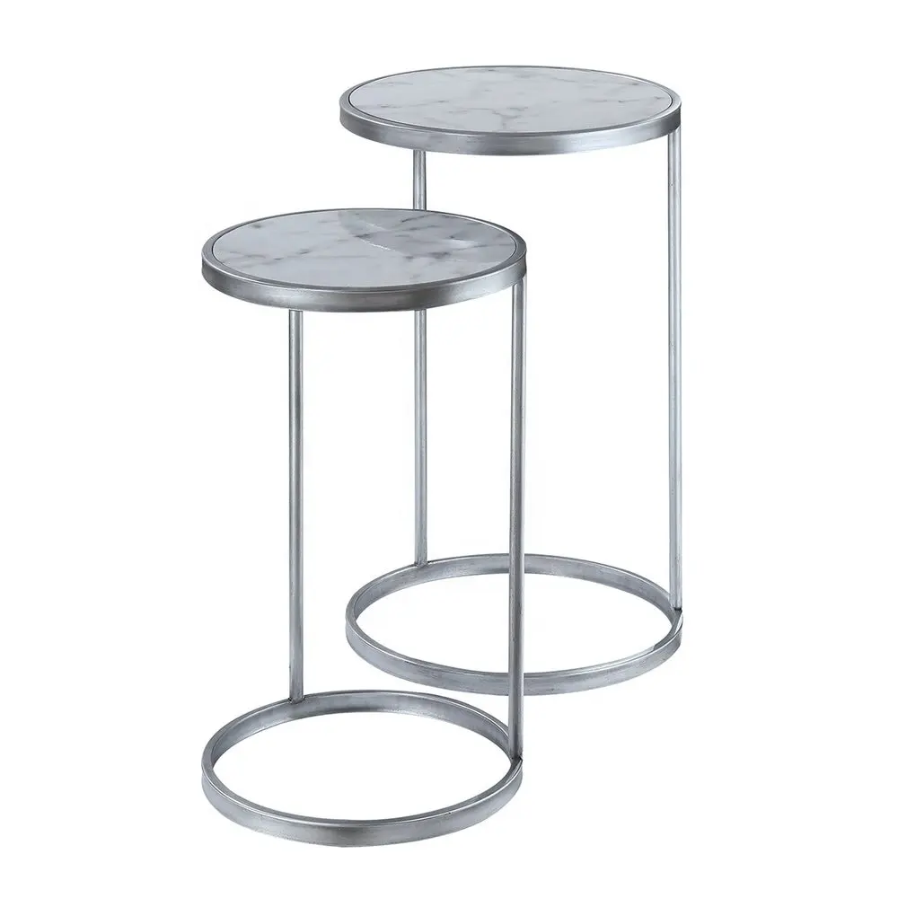 New Arrival Silver Nested Table With Marble Top Set of 2 Office Floor Decoration Coffee Nested Table in Silver Finished