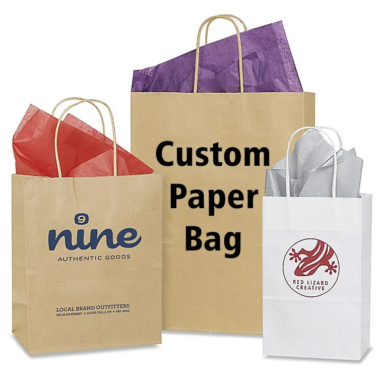 Embalagem de embalagens loja personalizada, bolsa de papel para compras artesanato marrom com alça torcida