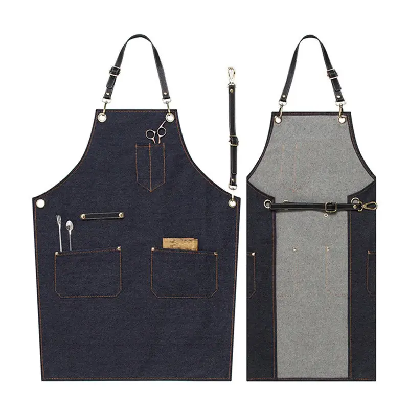 Bbq denim barber chef delantal con correas de cuero genuino