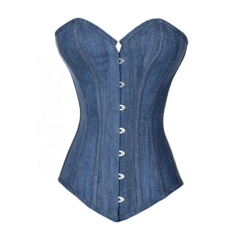 COSH CORSET Azul Denim Jean Overbust SteelBoned Cintura Formação Extrema Curvy Longline Moda E Desgaste Do Partido Espartilho Bustier Top